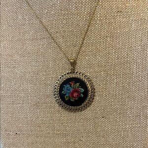 Gold Tone Pendant Necklace‎ with Petit Point Embroidered Floral Design